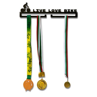 Компактна метална закачалка за медали „LIVE LOVE BIKE“ - С колоездач (До 15 медала) Компактна метална закачалка за медали „LIVE LOVE BIKE“ - С колоездач (До 15 медала)