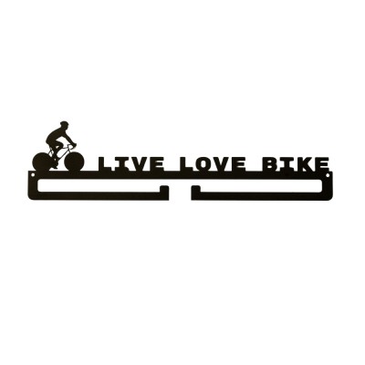 Компактна метална закачалка за медали „LIVE LOVE BIKE“ - С колоездач (До 15 медала) без медали, чист продуктов изглед