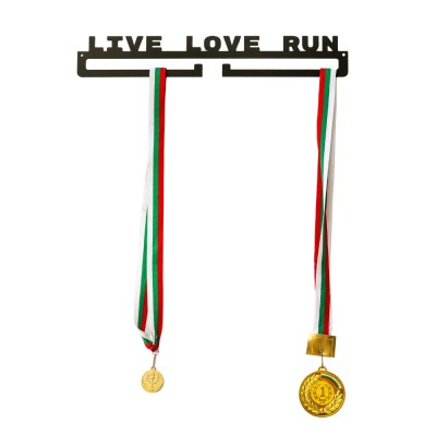 Компактна метална закачалка за медали „LIVE LOVE RUN“ (До 15 медала) с медали продуктов изглед