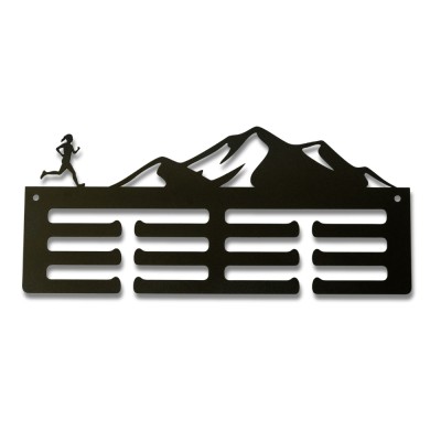 Метална закачалка за медали „Mountain Trail Run“ - Бягаща жена и Планина (До 30 медала) без медали, чист продуктов изглед